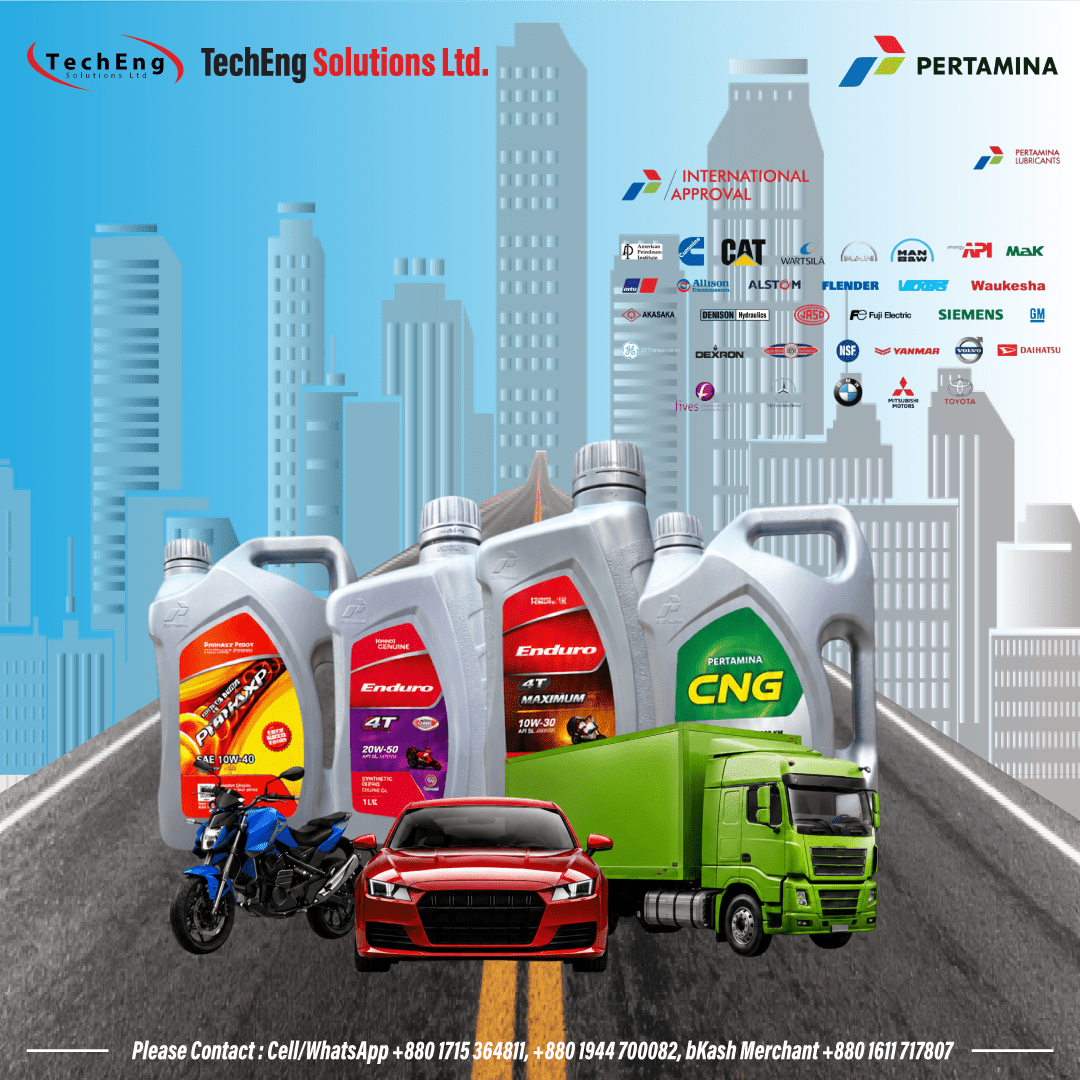 ENDURO 4T 20W-50 motorcycle engine oil banner by TechEng Solutions Ltd featuring Pertamina lubricants, vehicles, and contact information
